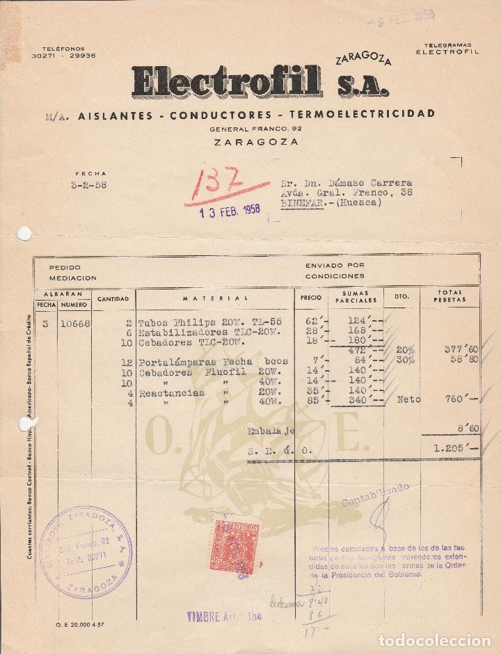 Alte Rechnungen: FACTURA. ELECTROFIL S.A. AISLANTES-CONDUCTORES-TERMOELECTRICIDAD. ZARAGOZA. 1958.