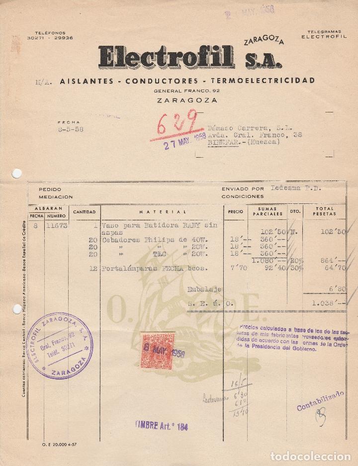 Alte Rechnungen: FACTURA. ELECTROFIL S.A. AISLANTES-CONDUCTORES-TERMOELECTRICIDAD. ZARAGOZA. 1958.