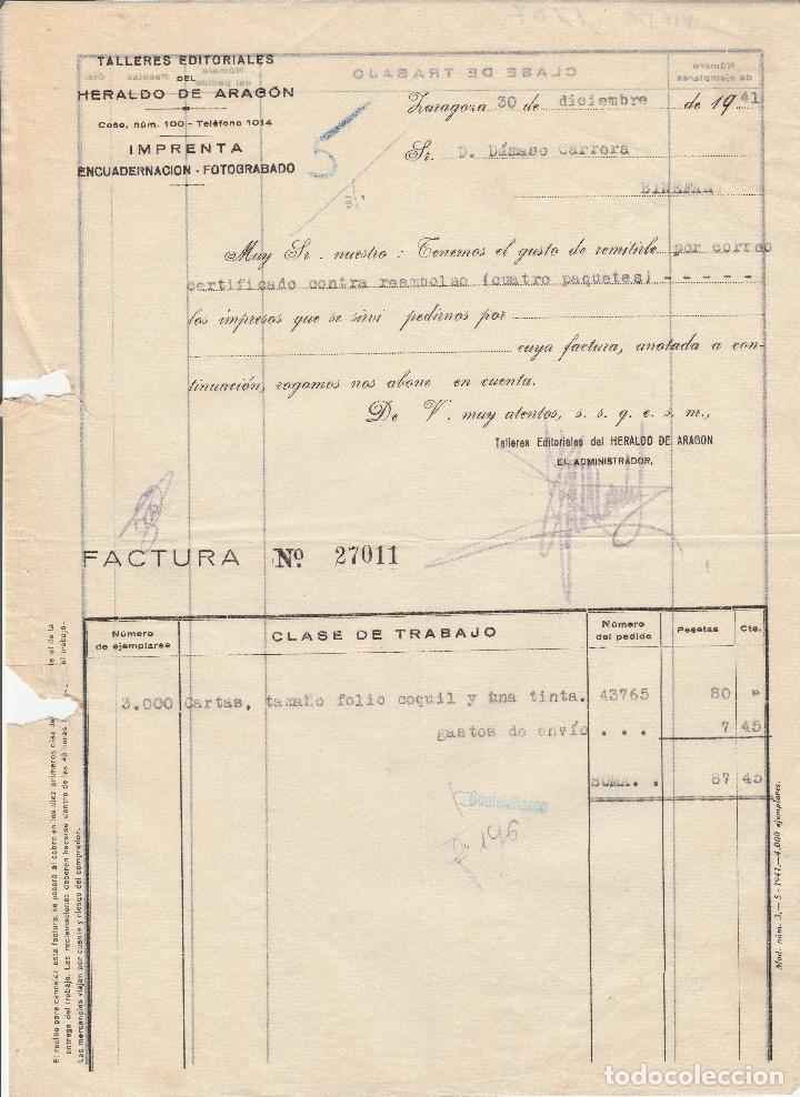 Alte Rechnungen: FACTURA. TALLERES EDITORIALES DEL HERALDO DE ARAG&Oacute;N. IMPRENTA. ZARAGOZA. 1941.