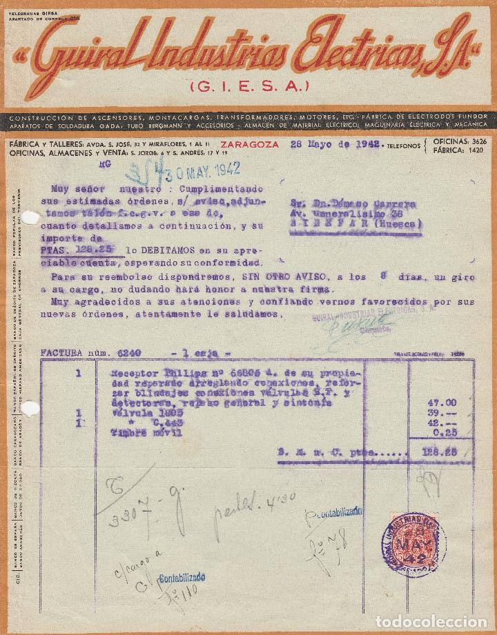 Alte Rechnungen: FACTURA. GUIRAL INDUSTRIAS EL&Eacute;CTRICAS, S.A. CONSTRUCCI&Oacute;N DE ASCENSORES. ZARAGOZA. 1942.