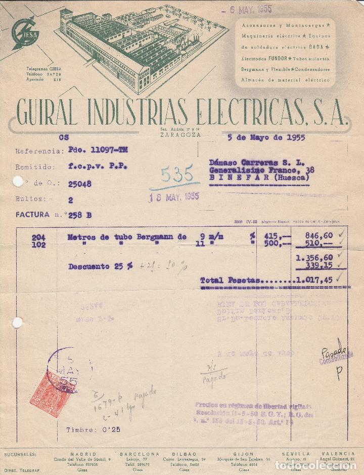 Alte Rechnungen: FACTURA. GUIRAL INDUSTRIAS EL&Eacute;CTRICAS, S.A ASCENSORES Y MONTACARGAS. ZARAGOZA. 1955.