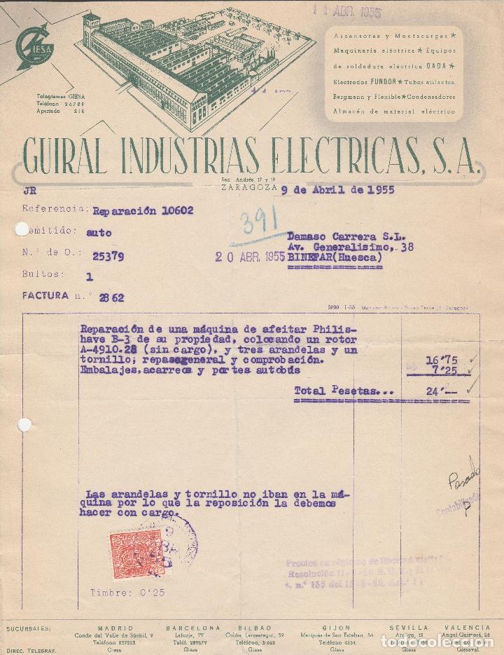 Alte Rechnungen: FACTURA. GUIRAL INDUSTRIAS EL&Eacute;CTRICAS, S.A ASCENSORES Y MONTACARGAS. ZARAGOZA. 1955.