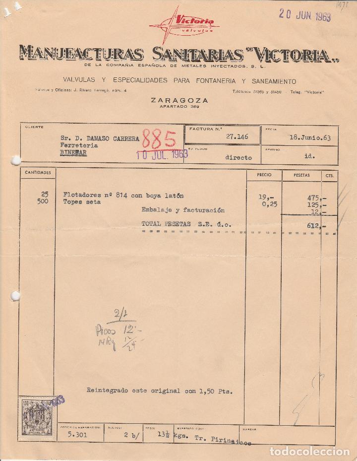 Alte Rechnungen: FACTURA. MANUFACTURAS SANITARIAS VICTORIA. V&Aacute;LVULAS Y ESPECIALIDADES PAR FONTANER&Iacute;A. ZARAGOZA. 1963.
