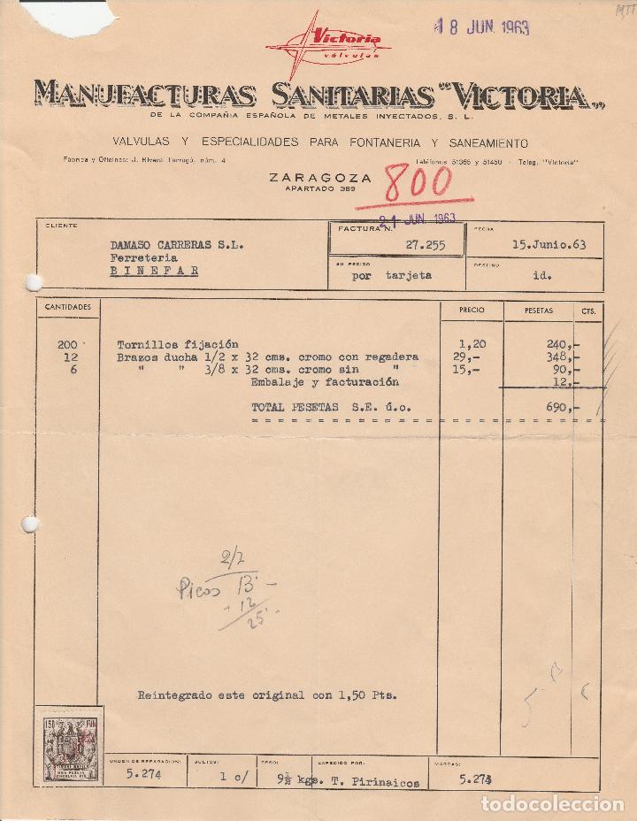 Alte Rechnungen: FACTURA. MANUFACTURAS SANITARIAS VICTORIA. V&Aacute;LVULAS Y ESPECIALIDADES PAR FONTANER&Iacute;A. ZARAGOZA. 1963.