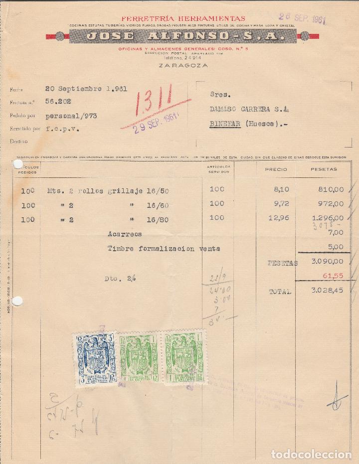 Alte Rechnungen: FACTURA. JOSE ALFONSO S.A. FERETERIA HERRAMIENTAS. ZARAGOZA. 1961.