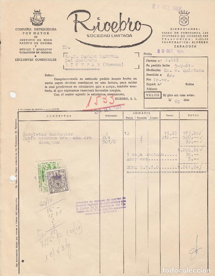 Alte Rechnungen: FACTURA. RIOEBRO. SOCIEDAD LIMITADA. BATER&Iacute;A DE COCINA. MENAJE. ZARAGOZA. 1961.