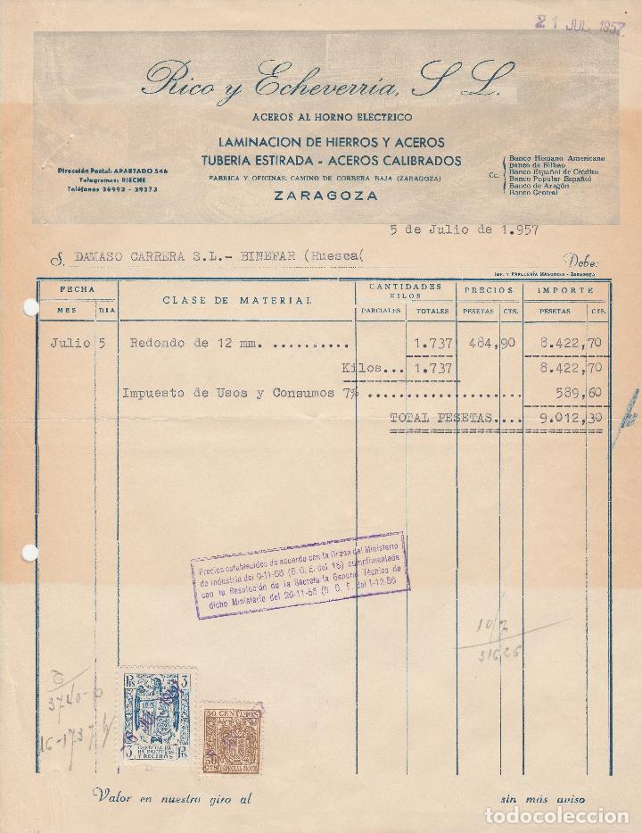 Alte Rechnungen: FACTURA. RICO Y ECHEVERRIA, S.L. ACEROS AL HORNO EL&Eacute;CTRICO. ZARAGOZA. 1957.