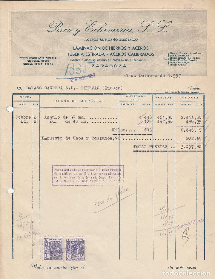 Alte Rechnungen: FACTURA. RICO Y ECHEVERRIA, S.L. ACEROS AL HORNO EL&Eacute;CTRICO. ZARAGOZA. 1957.