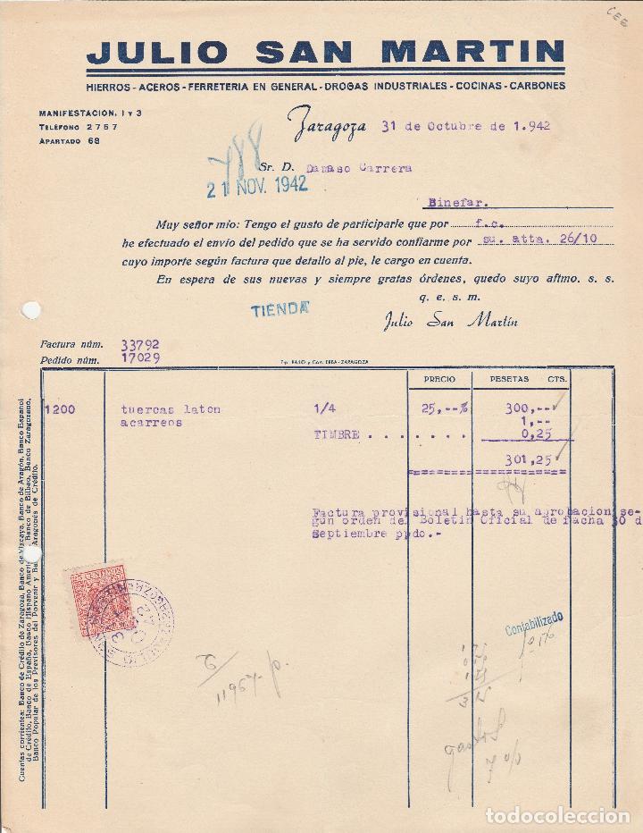 Alte Rechnungen: FACTURA. JULIO SAN MARTIN. HIERROS-ACEROS-FERRETER&Iacute;A EN GENERAL. ZARAGOZA. 1942.