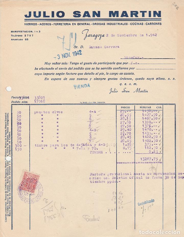 Alte Rechnungen: FACTURA. JULIO SAN MARTIN. HIERROS-ACEROS-FERRETER&Iacute;A EN GENERAL. ZARAGOZA. 1942.