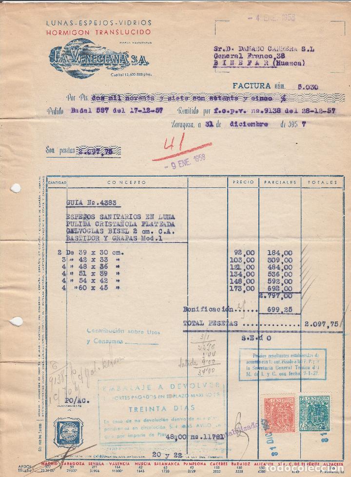 Alte Rechnungen: FACTURA. LA VENECIANA S.A. LUNAS-ESPEJOS-VIDRIOS. HORMIG&Oacute;N . ZARAGOZA. 1957.