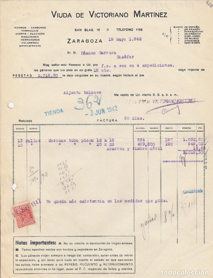 Alte Rechnungen: FACTURA. VIUDA DE VICTORIANO MARTINEZ. HIERROS-CARBONES-TORNILLAJES. ZARAGOZA. 1942.