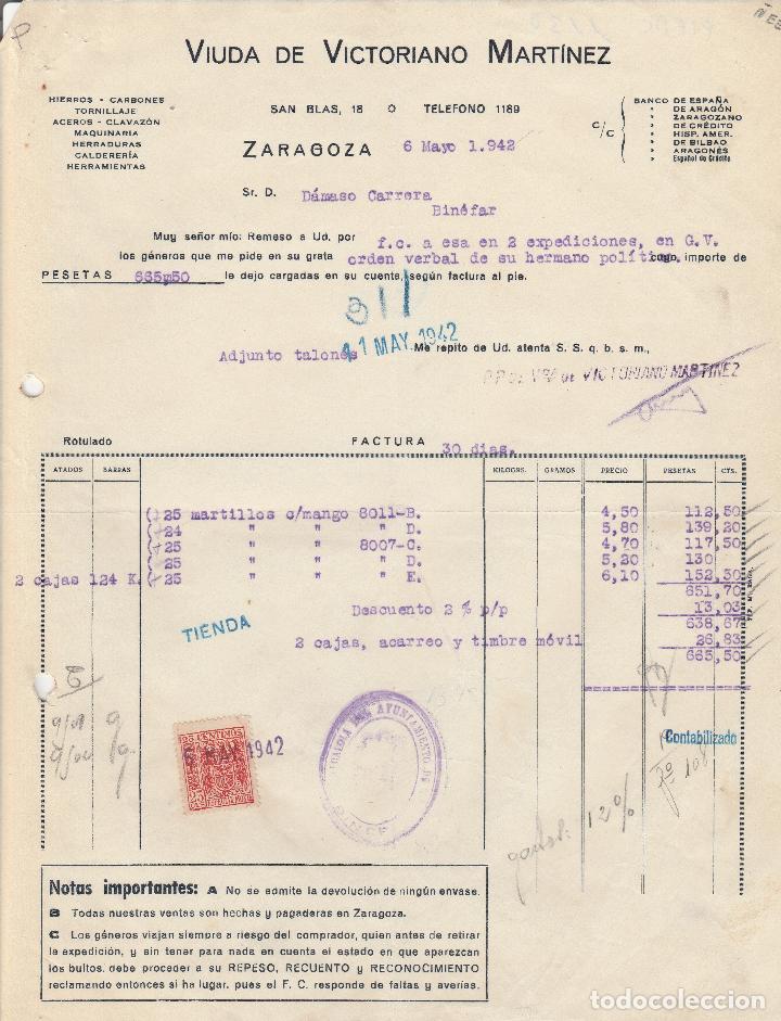 Alte Rechnungen: FACTURA. VIUDA DE VICTORIANO MARTINEZ. HIERROS-CARBONES-TORNILLAJES. ZARAGOZA. 1942.