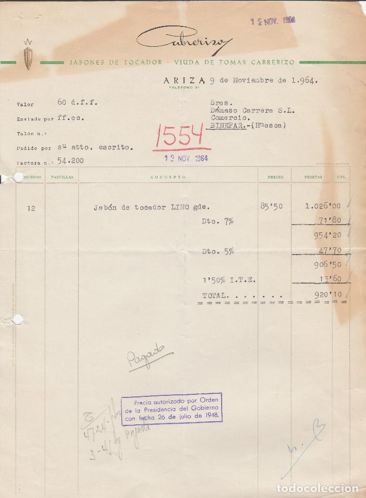 Alte Rechnungen: FACTURA. CABRERIZO. JABONES DE TOCADOS - VDA. DE TOMAS CABRERIZO. ARIZA. 1964.