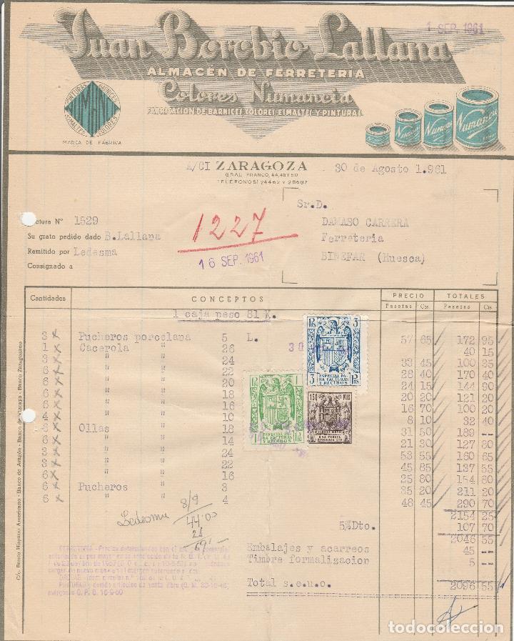 Alte Rechnungen: FACTURA. JUAN BOROBIO LALLANA. ALMAC&Eacute;N DE FERRETER&Iacute;A. ZARAGOZA. 1961.