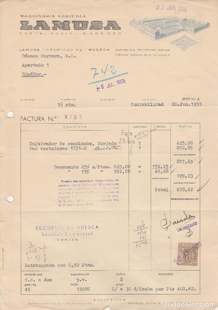 Alte Rechnungen: FACTURA. LAMUSA. MAQUINARIA AGRICOLA. HUESCA. 1955.