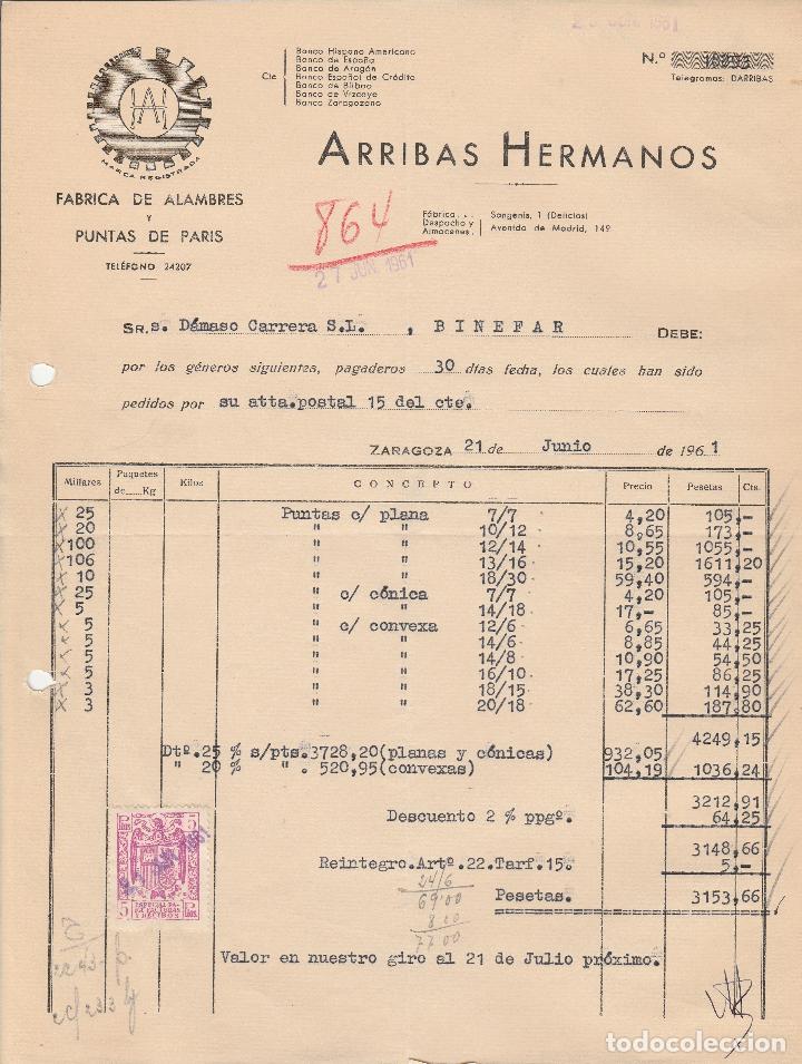 Alte Rechnungen: FACTURA. ARRIBAS HERMANOS. FABRICA DE ALAMBRES Y PUNTAS DE PARIS. ZARAGOZA. 1961.