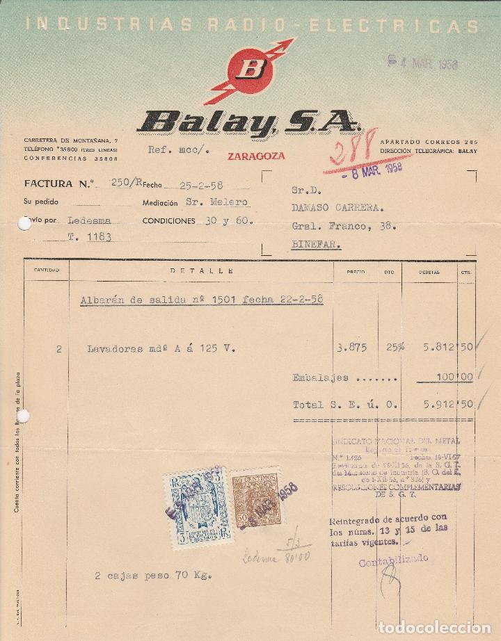 Alte Rechnungen: FACTURA. BALAY, S.A. INDUSTRIAS RADIO-ELECTRICAS. ZARAGOZA. 1958.