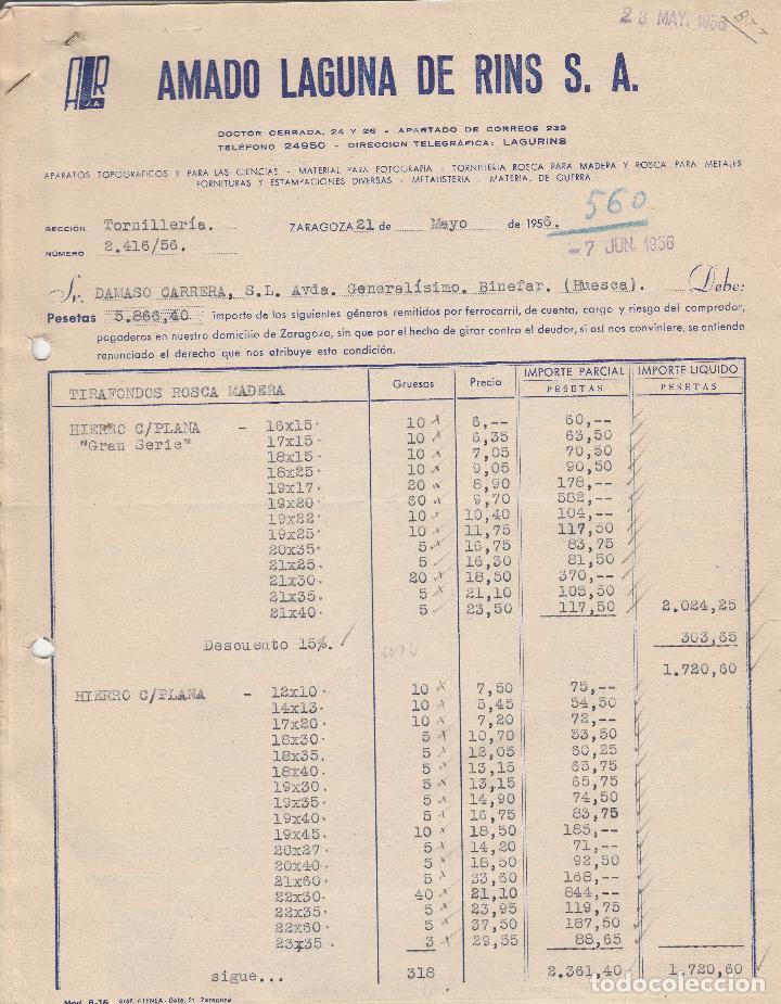 Alte Rechnungen: FACTURA. AMADO LAGUNA DE RINS, S.A. APARATOS TOPOGR&Aacute;FICOS Y PARA LAS CIENCIAS. ZARAGOZA. 1956.