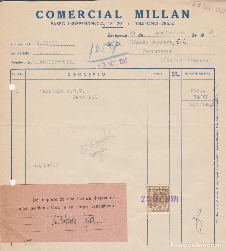 Alte Rechnungen: FACTURA. COMERCIAL MILLAN. ZARAGOZA. 1957.