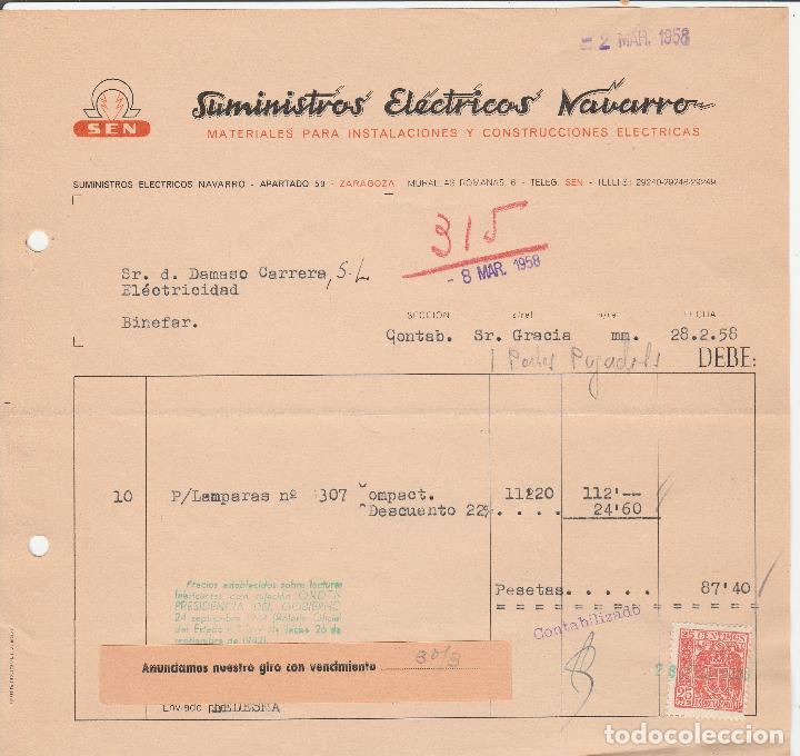 Alte Rechnungen: FACTURA. SUMINISTROS ELECTRICOS NAVARRO. INSTALACIONES Y CONSTRUCCIONES ELECTRICAS.  ZARAGOZA. 1958