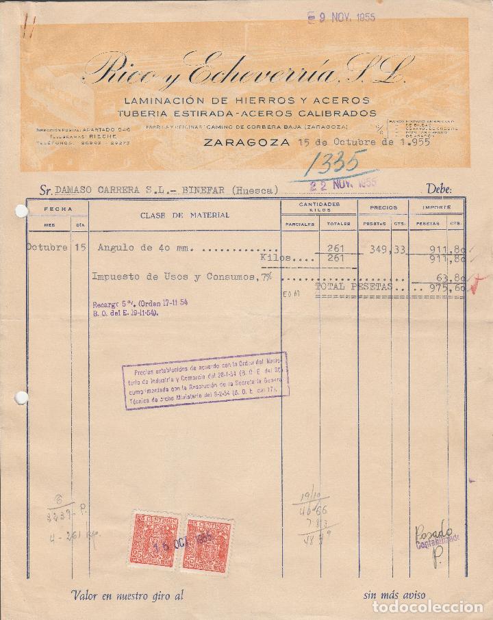 Alte Rechnungen: FACTURA. RICO Y ECHEVERRIA, S.L. LAMINACI&Oacute;N DE HIERROS Y ACEROS. ZARAGOZA. 1955.