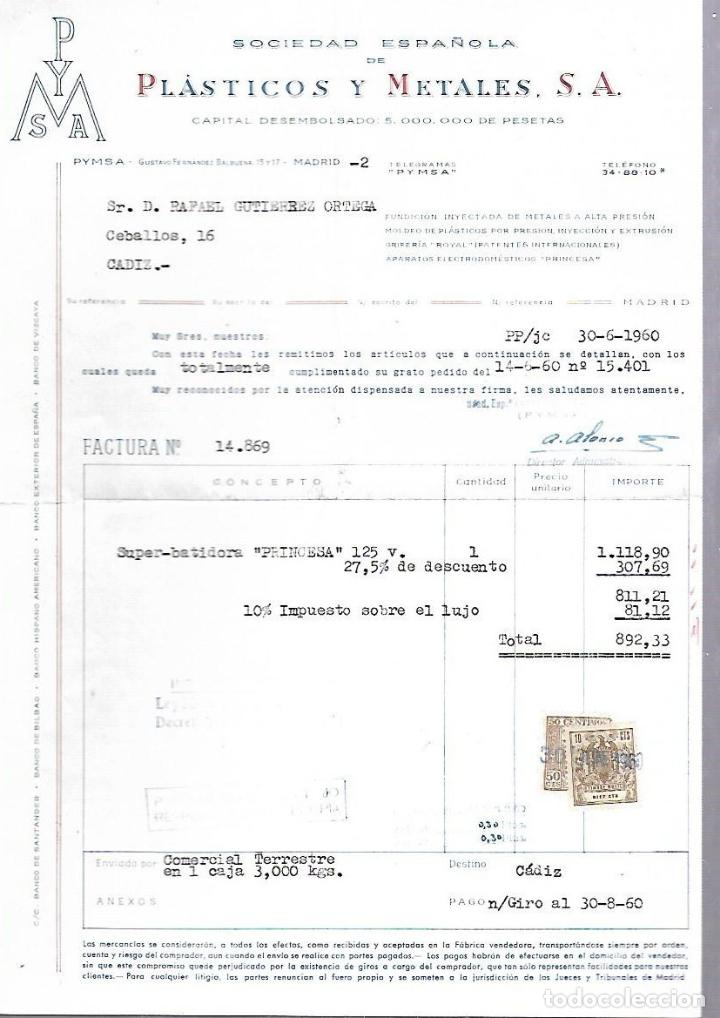 Alte Rechnungen: FACTURA. PLASTICOS Y METALES S.A. ELECTRODOMESTICOS. CADIZ. 1960