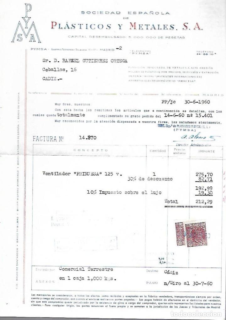Alte Rechnungen: FACTURA. PLASTICOS Y METALES S.A. ELECTRODOMESTICOS. CADIZ. 1960