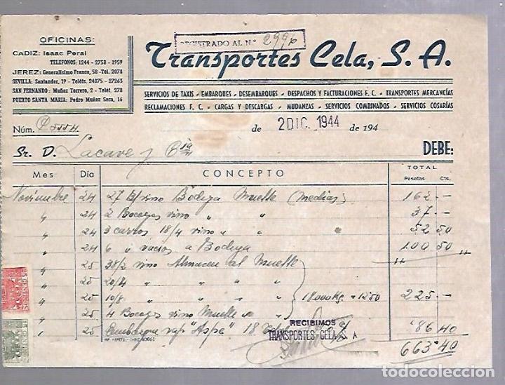 Alte Rechnungen: FACTURA. TRANSPORTES CELA S.A. SERVICIOS DE TAXIS, TRASNPORTES, DESEMBARQUES. CADIZ. 1944