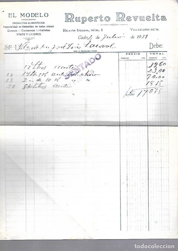 Alte Rechnungen: FACTURA. EL MODELO. PRODUCTOS ALIMENTICIOS. RUPERTO REVUELTA. CADIZ. 1939