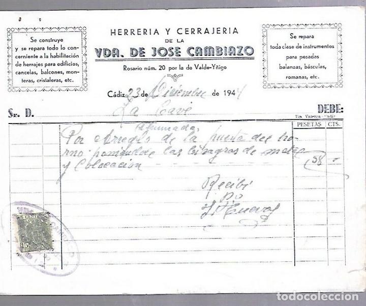 Alte Rechnungen: FACTURA. HERRERIA Y CERRAJERIA DE LA VDA. DE JOSE CAMBIAZO. 1944. CADIZ