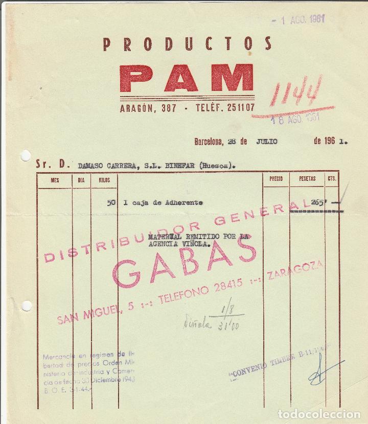 Alte Rechnungen: FACTURA. PRODUCTOS PAN. BARCELONA. 1961.