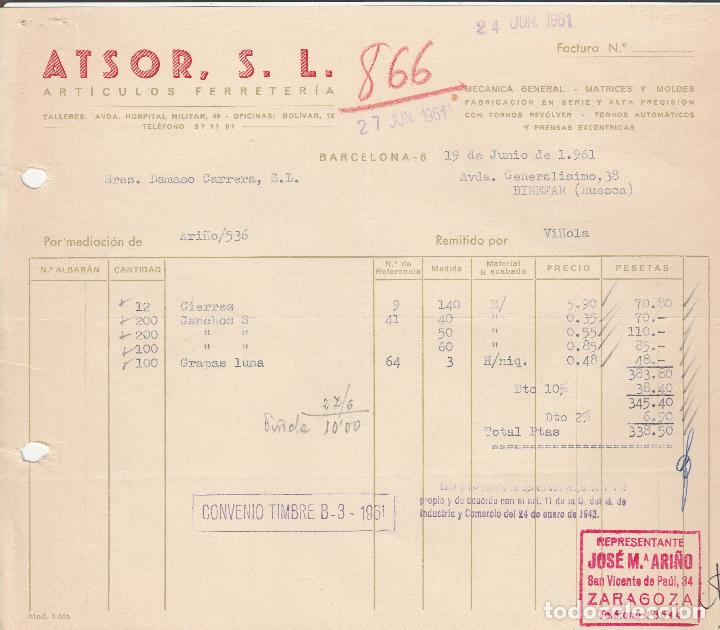 Alte Rechnungen: FACTURA. ATSOR, S.L. ART&Iacute;CULOS DE FERRETER&Iacute;A. BARCELONA. 1961.