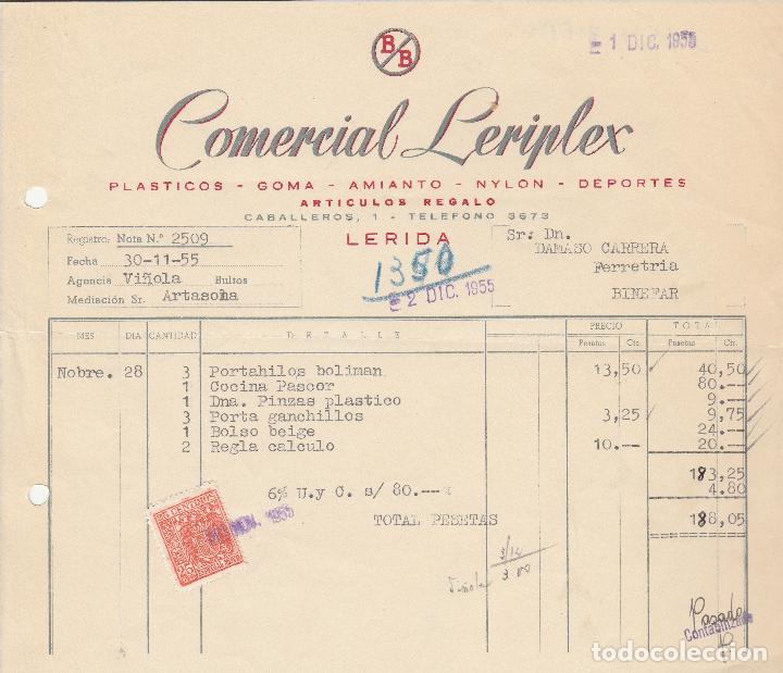 Alte Rechnungen: FACTURA. COMERCIAL LERIPLEX. PL&Aacute;STICOS-GOMAS-AMIANTO-NYLON-DEPORTES. LERIDA. 1955
