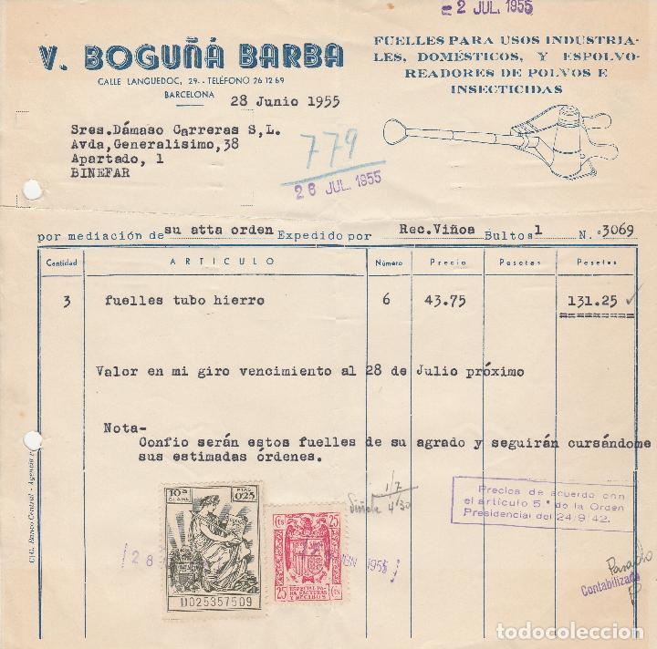 Alte Rechnungen: FACTURA. V.BOGU&Ntilde;&Aacute; BARBA. FUELLES PARA USOS INDUSTRIALES. DOM&Eacute;STICOS . BARCELONA. 1955.