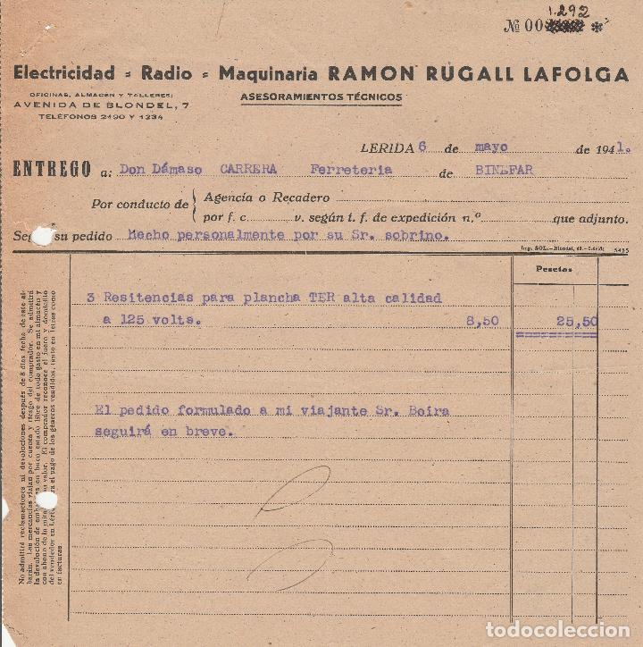 Alte Rechnungen: FACTURA. ELECTRICIDAD - RADIO - MAQUINARIA RAM&Oacute;N RUGALL LA FOLGA. LERIDA. 1941.