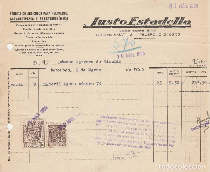 Alte Rechnungen: FACTURA. JUSTO ESTADELLA. F&Aacute;BRICA DE ARTICULOS PARA PULIMENTO. GALVANOTECNIA . BARCELONA. 1955.