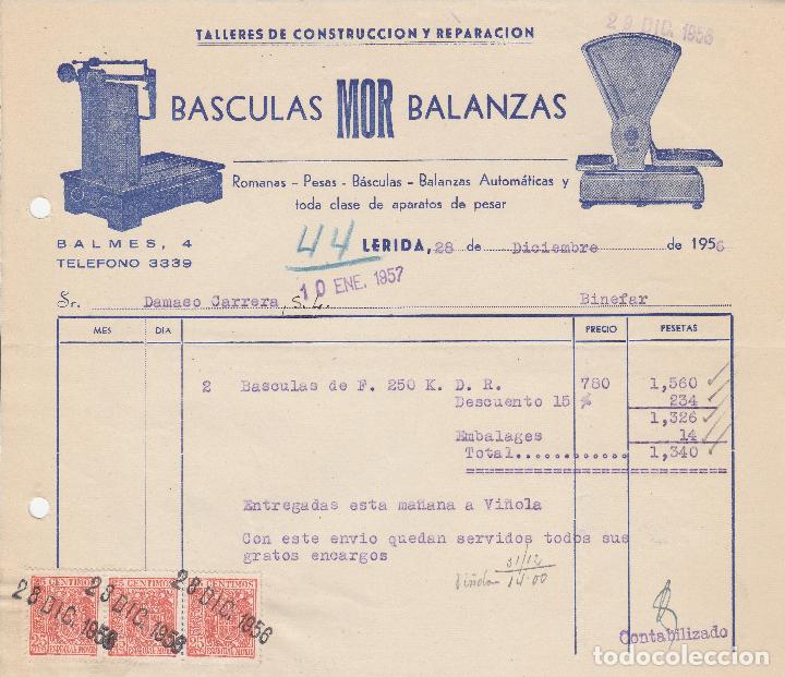 Alte Rechnungen: FACTURA. BASCULAS MOR BALANZAS. ROMANAS-PESAS-B&Aacute;SCULAS-BALANZAS. L&Eacute;RIDA. 1956.