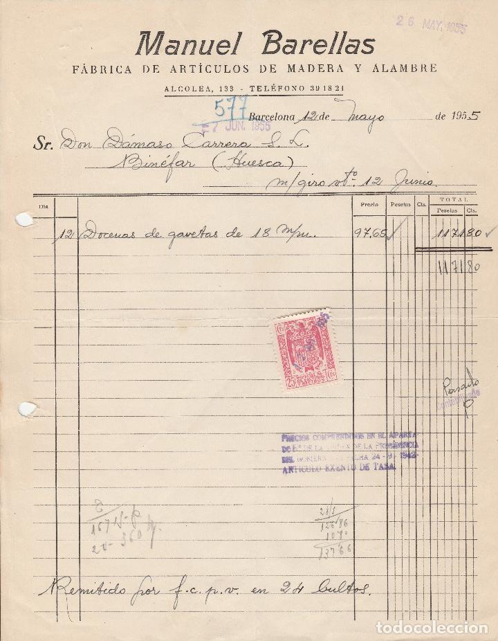 Alte Rechnungen: FACTURA. MANUEL BARELLAS. F&Aacute;BRICA DE ART&Iacute;CULOS DE MADERA Y ALAMBRE. BARCELONA. 1955.
