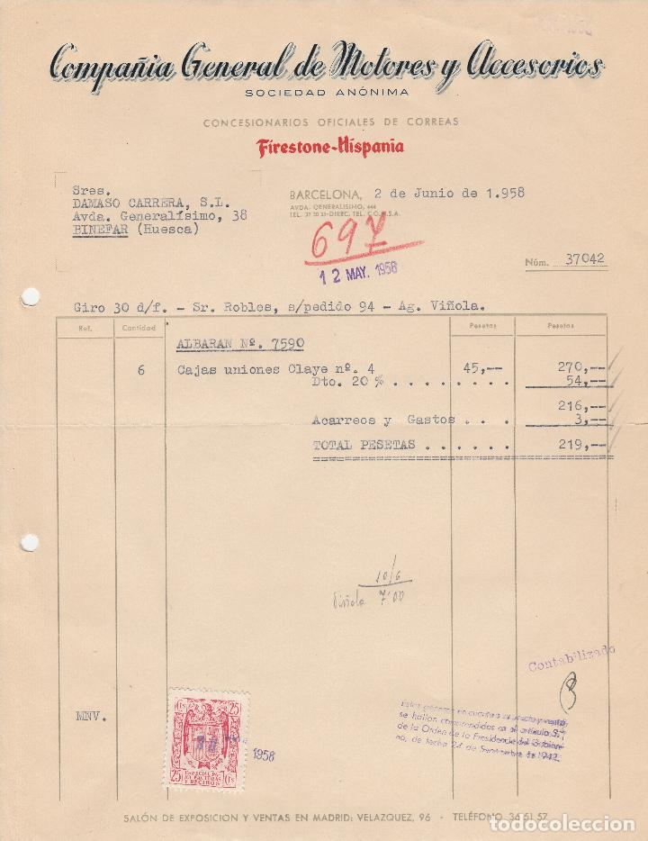 Factures anciennes: FACTURA. COMPA&Ntilde;&Iacute;A GENERAL DE MOTORES Y ACCESORIOS. FIRESTONE-HISPANIA. BARCELONA. 1958.