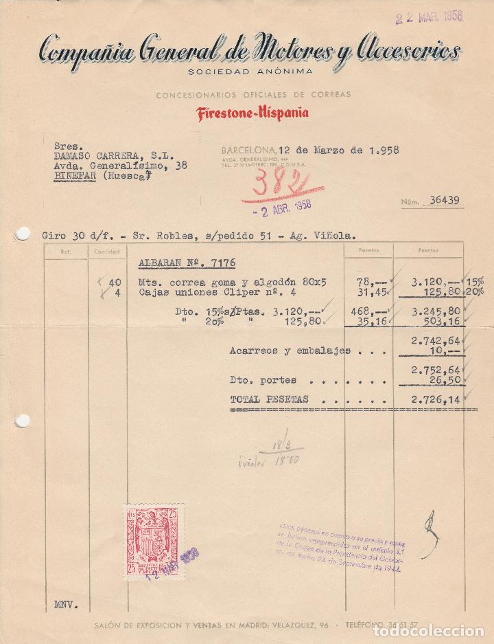 Factures anciennes: FACTURA. COMPA&Ntilde;&Iacute;A GENERAL DE MOTORES Y ACCESORIOS. FIRESTONE-HISPANIA. BARCELONA. 1958.