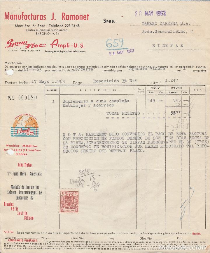 Factures anciennes: FACTURA. MANUFACTURAS J. RAMONET. ARTICULO TEXTIL PATENTADO. BARCELONA. 1963.