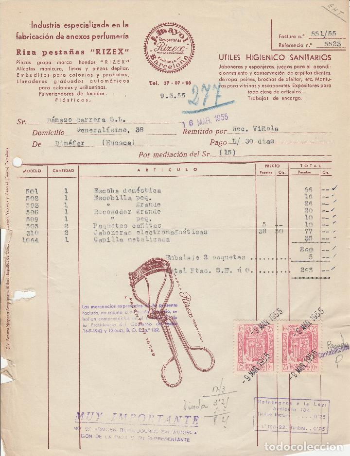 Factures anciennes: FACTURA. J.MAYOL. RIZA PESTA&Ntilde;AS. -RIZEX-. INDUSTRIA ESPECIALIZADA PERFUMER&Iacute;A.  BARCELONA. 1955.