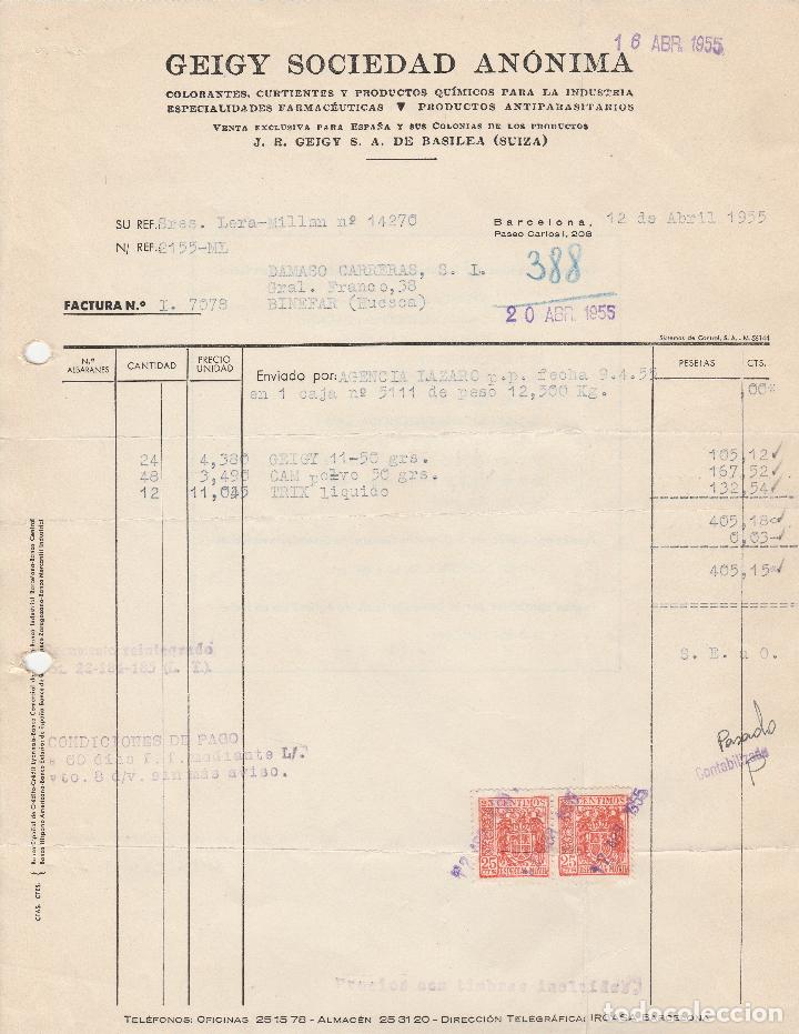 Factures anciennes: FACTURA. GEIGY SOCIEDAD AN&Oacute;NIMA. COLORANTES CURTIENTES Y PRODUCTOS QU&Iacute;MICOS. BARCELONA. 1955..