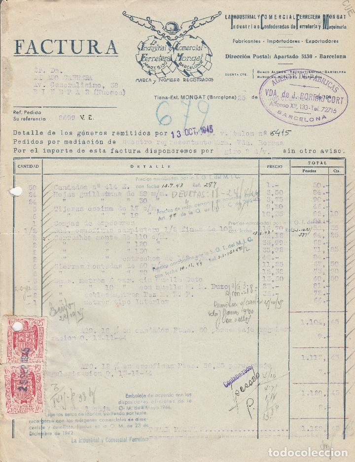 Alte Rechnungen: FACTURA. LA INDUSTRIAL Y COMERCIAL FERRETERA MONGAT.  MONGAT-BARCELONA. 1945.