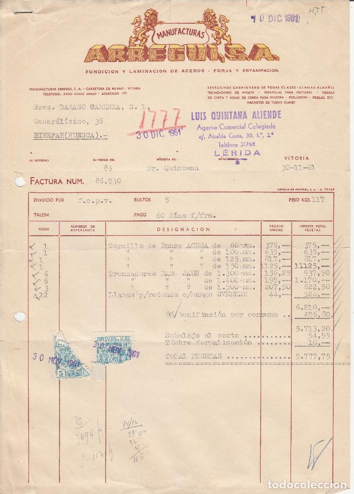 Alte Rechnungen: FACTURA. MANUFACTURAS ARREGUI S.A. FUNDICI&Oacute;N Y LAMINACI&Oacute;N DE ACEROS. VITORIA. 1961.