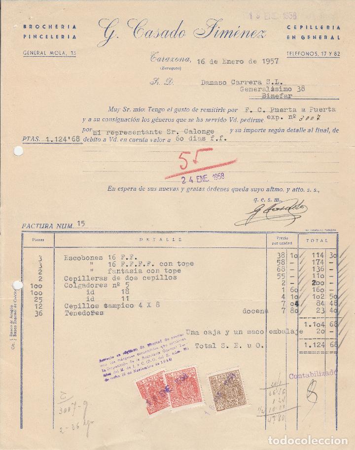 Alte Rechnungen: FACTURA. G.CASADO JIM&Eacute;NEZ. BROCHE R&Iacute;A PINCELERIA. ZARAGOZA. 1957.