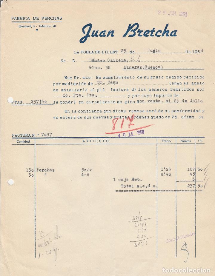 Alte Rechnungen: FACTURA. JUAN BRECHA. F&Aacute;BRICA DE PERCHAR. LA POBLA DE LILLET. 1958.