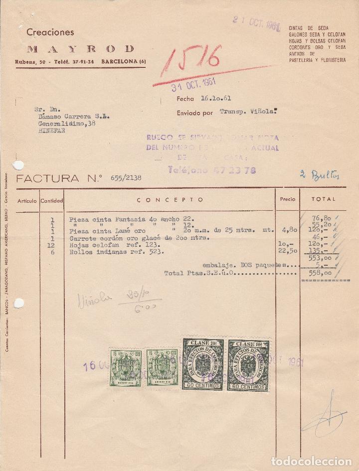Alte Rechnungen: FACTURA. CREACIONES MAYROD. CINTAS DE SEDA. GALONES SEDA Y CELOF&Aacute;N. BARCELONA. 1961.