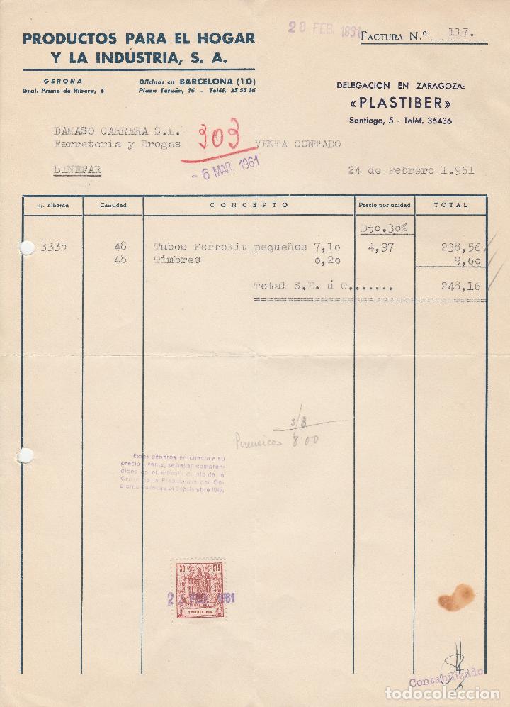 Alte Rechnungen: FACTURA. PRODUCTOS PARA EL HOGAR Y LA INDUSTRIA S.A. BARCELONA. 1961.